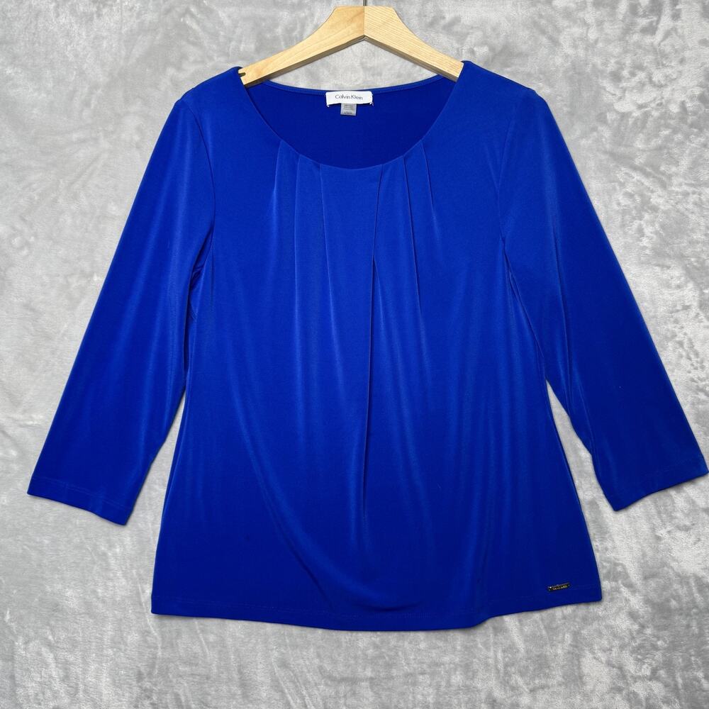 Calvin Klein Top Womens Large Blue Scoop Neck 3/4 Sleeve Pleated Stretch Career